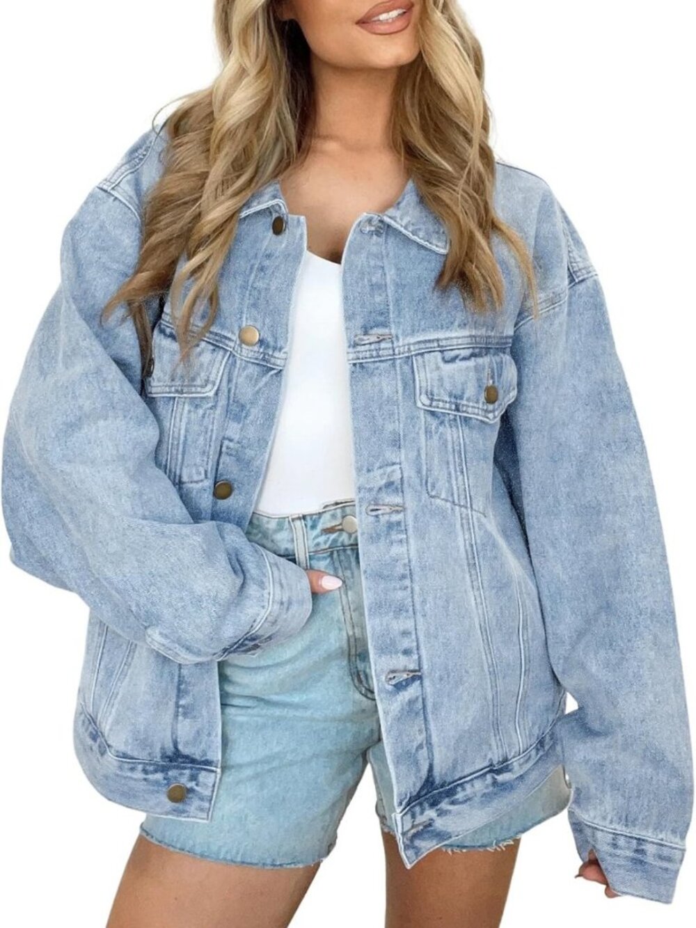 Oversized Women's Button Down Denim Jacket with Pockets - Trendy Casual